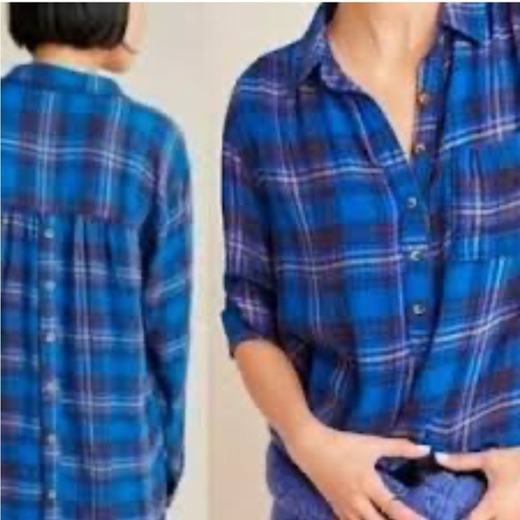 ANTHROPOLOGIE BLUE PLAID ISADORA BUTTON BACK TUNIC BLOUSE WOMENS SZ SMALL PETITE - Picture 3 of 9